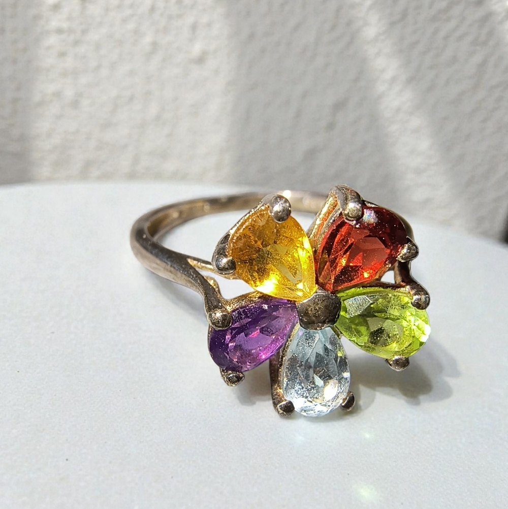 Chuck Clemency STS Sterling Silver And Multi Gemstone Floral Design Ring